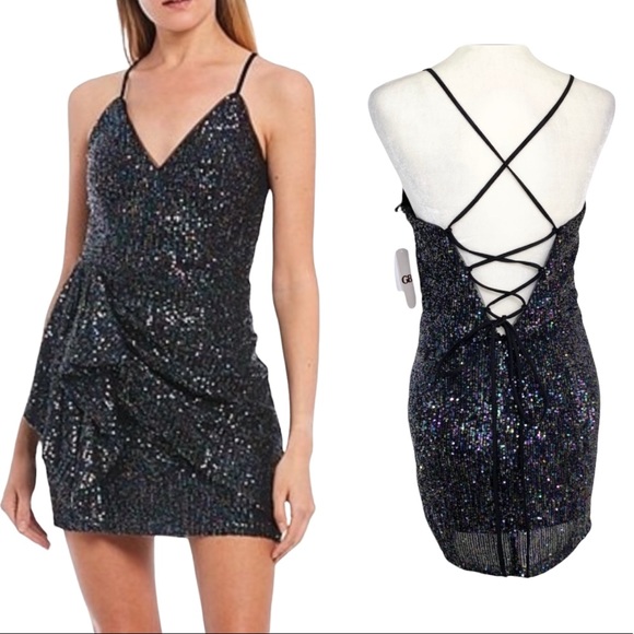 Gianni Bini Dresses & Skirts - GB Gianni Bini Dress Lace Up Back Sequin Mini Black Iridescent NWT Junior 5